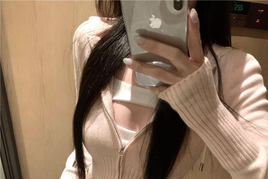 Plain Hood Crop Zip Cardigan / Square Neck Plain Cutout Padded Crop Tank Top Product Image