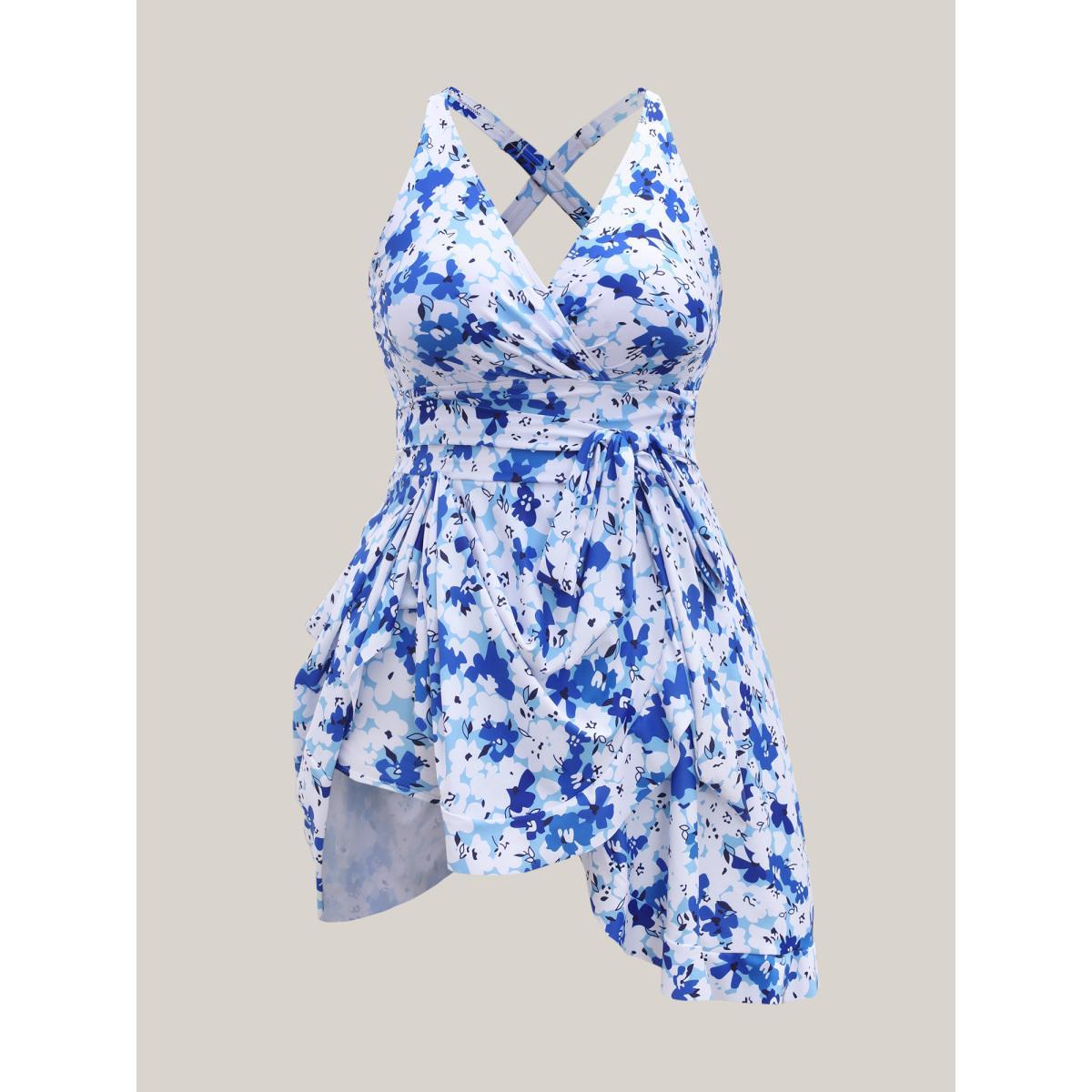 Plus Size Floral Print Belted Flared Swim Dress Women's Swimwear Mediumblue Beach Bodycon Overlap Collar High stretch Curve Swim Dresses BloomChic 18-20/2X Product Image
