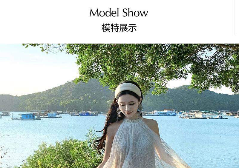 Sleeveless Stand Collar Plain Accordion Pleated Mesh Maxi A-Line Dress Product Image
