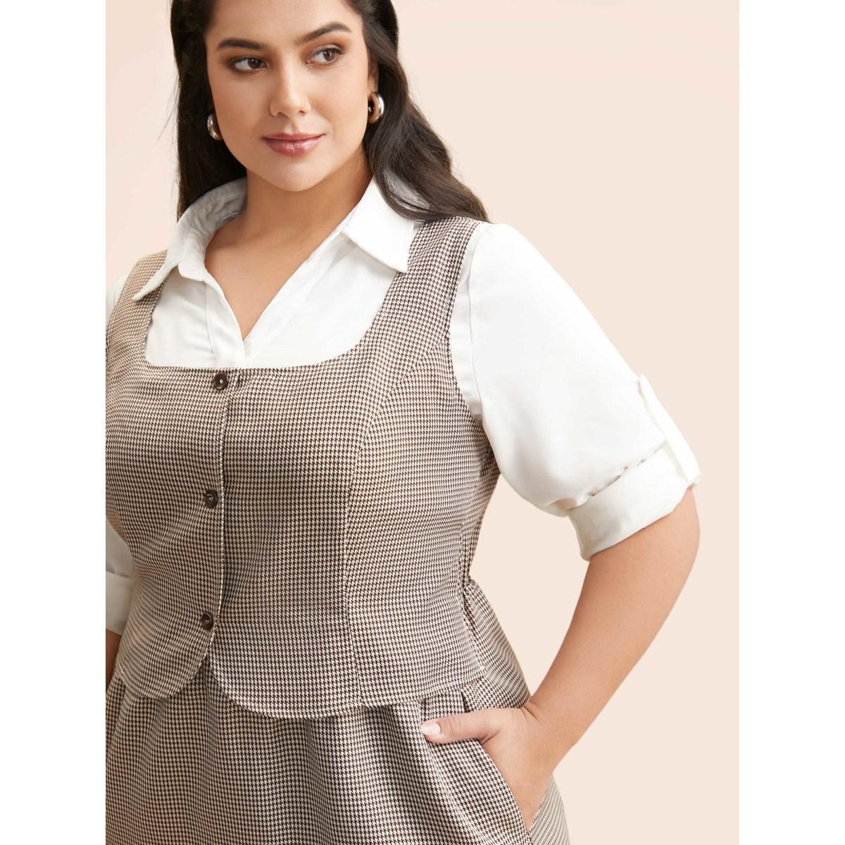 Plus Size Square Neck Houndstooth Elastic Waist Dress Browncoffeecolor Women At the Office Button Square Neck Sleeveless Curvy BloomChic 28/5X Product Image