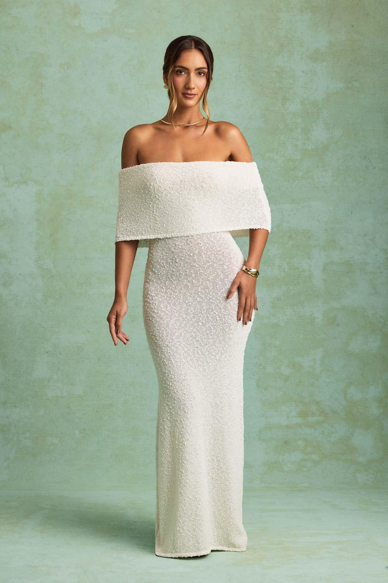 Bouclé Off-Shoulder Maxi Dress in White Product Image