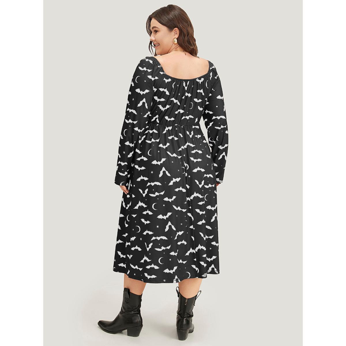 Plus Size Halloween Bat Print Pocket Square Neck Dress Black Women Casual Gathered Square Neck Long Sleeve Curvy Midi Dress BloomChic 14-16/1X Product Image