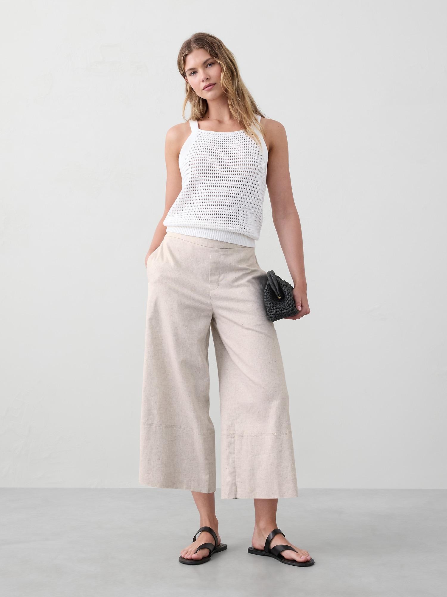 Wide-Leg Linen-Blend Cropped Pull-On Pant Product Image