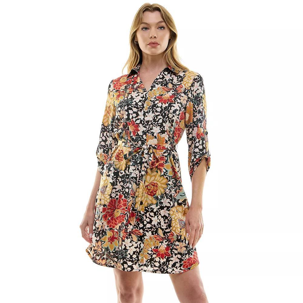 Women's Luxology Johnny Collar Satin Button Front Dress, Size: Large, Black Red Cream Product Image