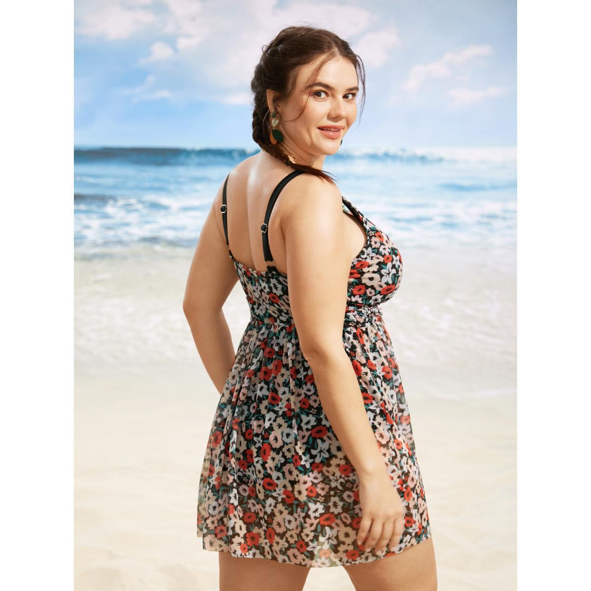 Plus Size Natural Flowers Mesh Slit Hem Gathered Swim Dress Women's Swimwear Multicolor Beach Bodycon Overlap Collar High stretch Curve Swim Dresses BloomChic 28/5X Product Image