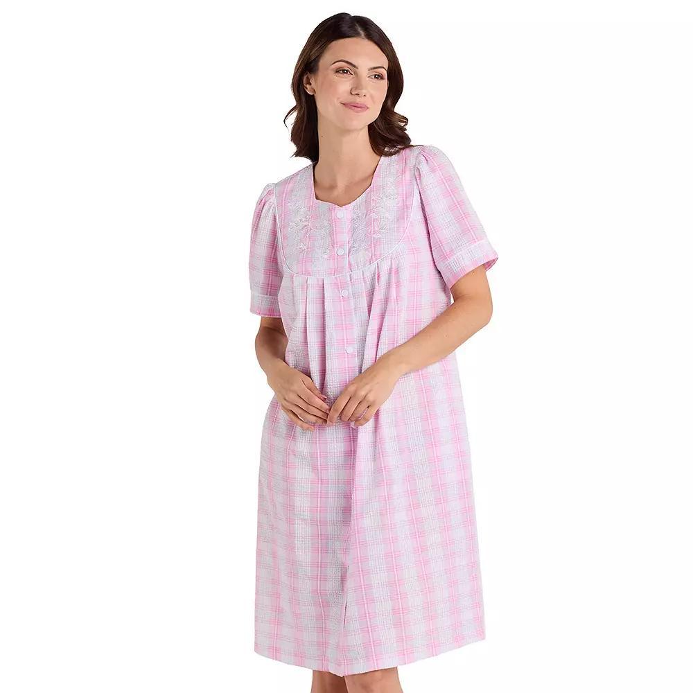 Women's Miss Elaine Essentials Seersucker Short Snap Robe, Size: Medium, Pink Plaid Product Image