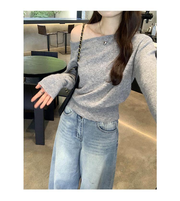 Long-Sleeve Off Shoulder Plain Knit Top Product Image