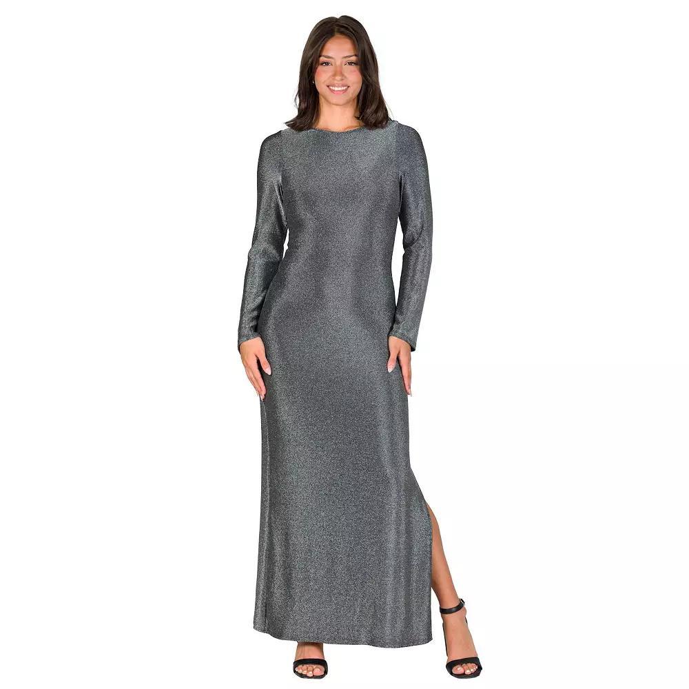 Women's 24Seven Comfort Apparel Long Sleeve Shimmer Side Slit Maxi Dress, Size: Small, Silver Product Image