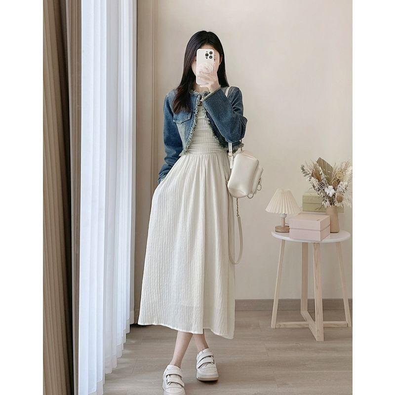 Strapless Plain Shirred Midi A-Line Dress Product Image