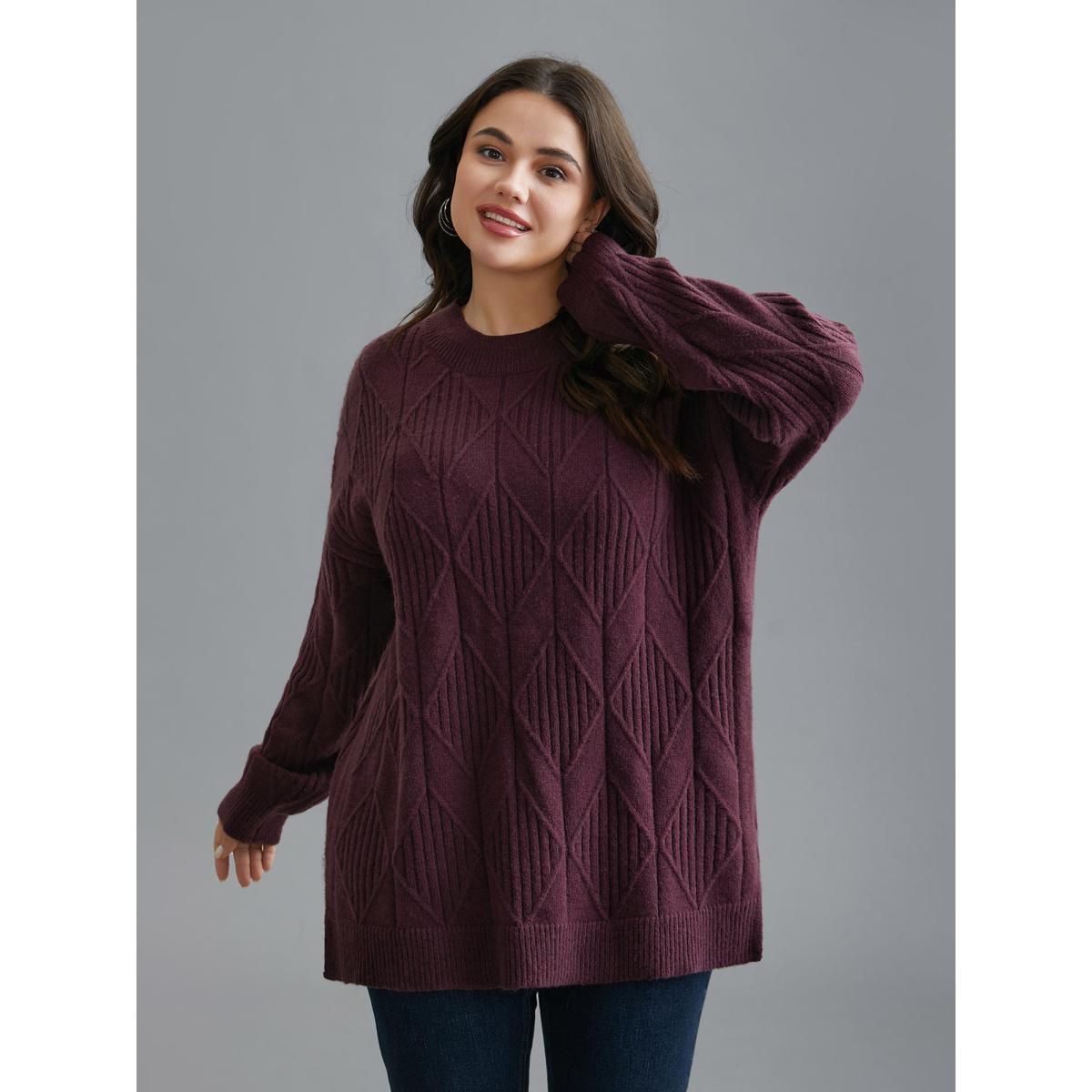 Plus Size Cable Knit Turtleneck Split Hem Pullover Plum Women Casual Loose Long Sleeve Turtleneck Everyday Pullovers BloomChic 18-20/2X Product Image