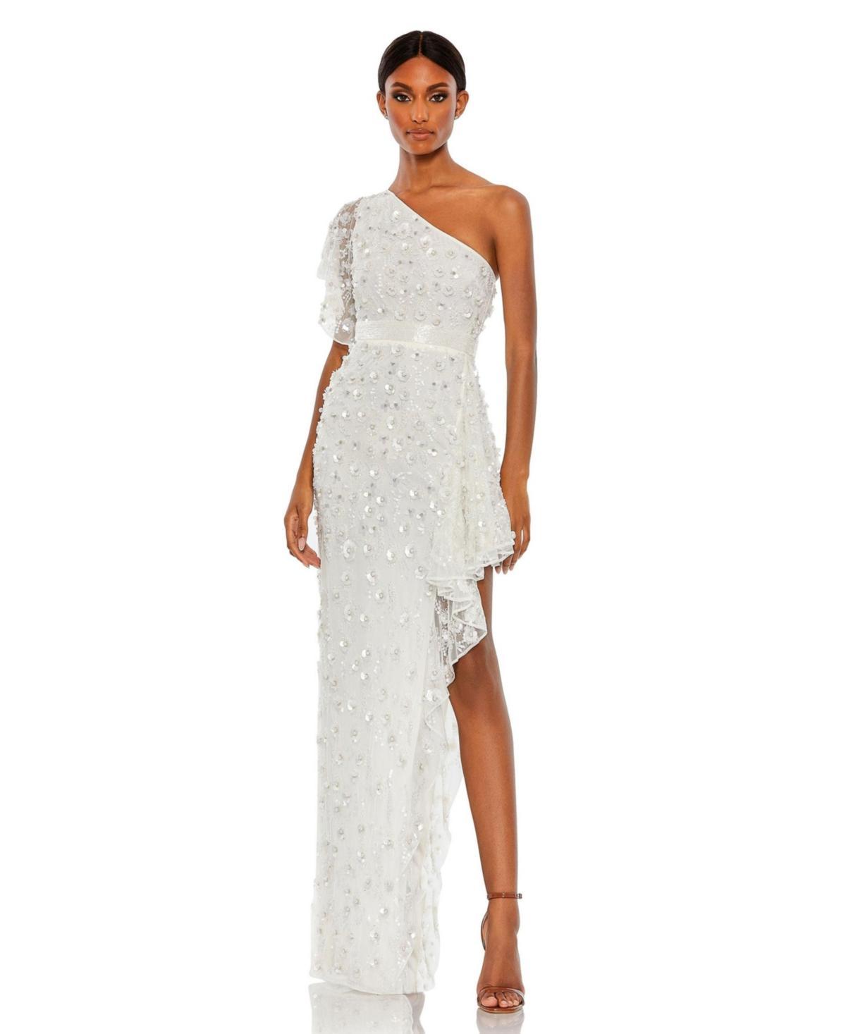 Womens Asymmetric Beaded One Shoulder Gown Product Image
