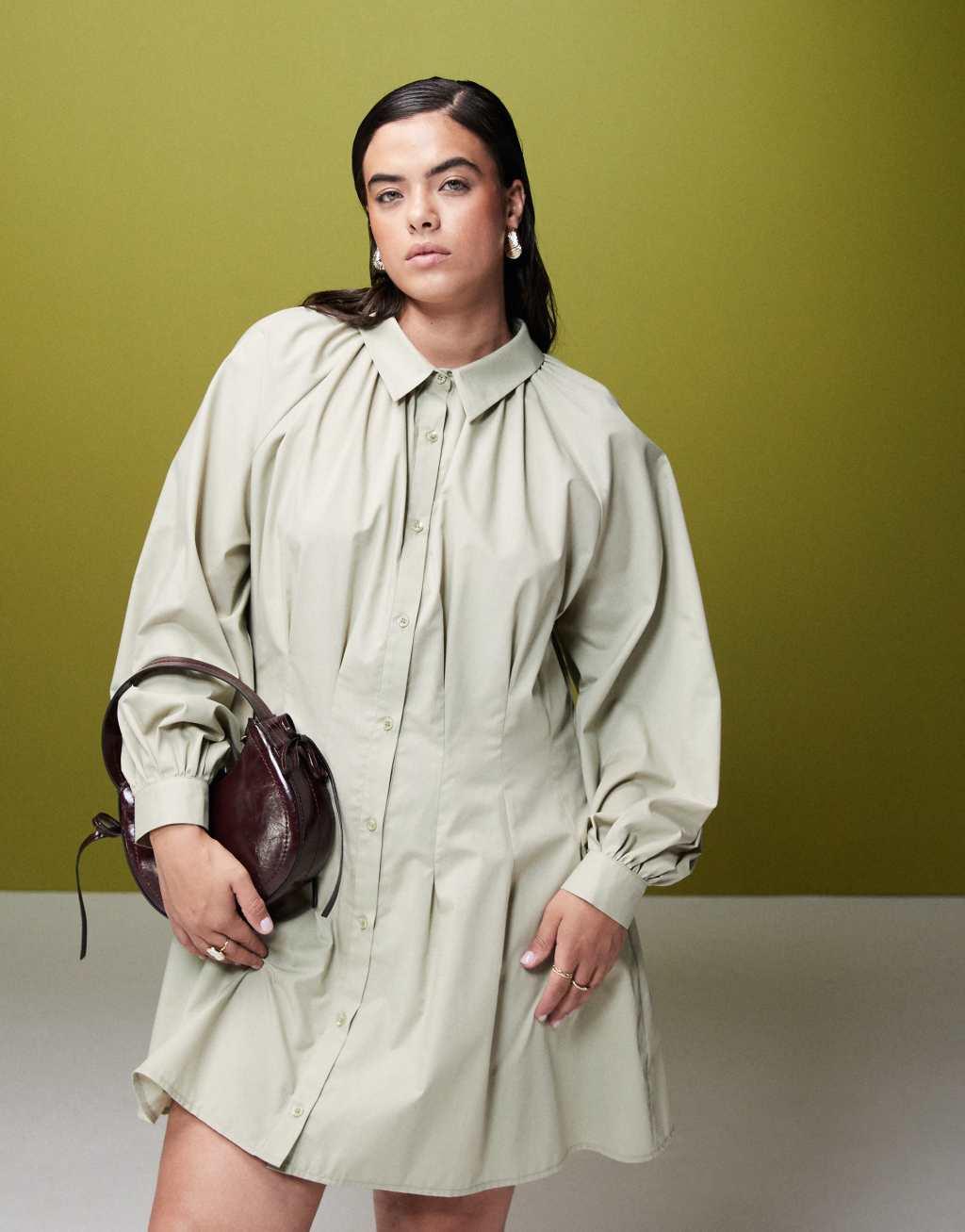 ASOS DESIGN Curve nipped waist mini shirt dress with pintucks in olive green Product Image