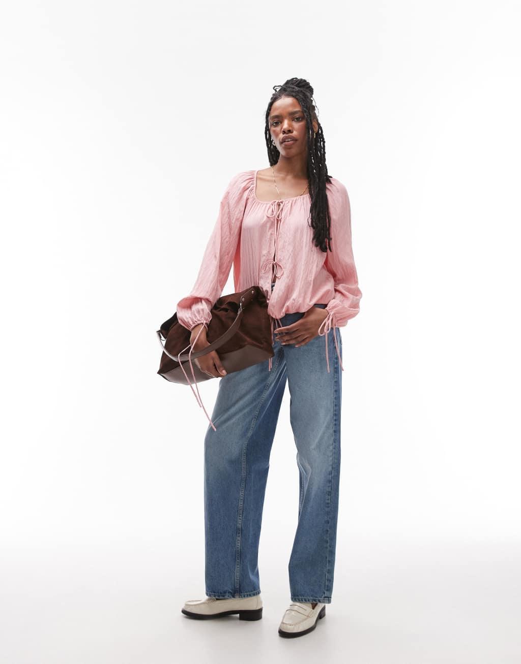 Topshop ruched neck tie front top in pink Product Image