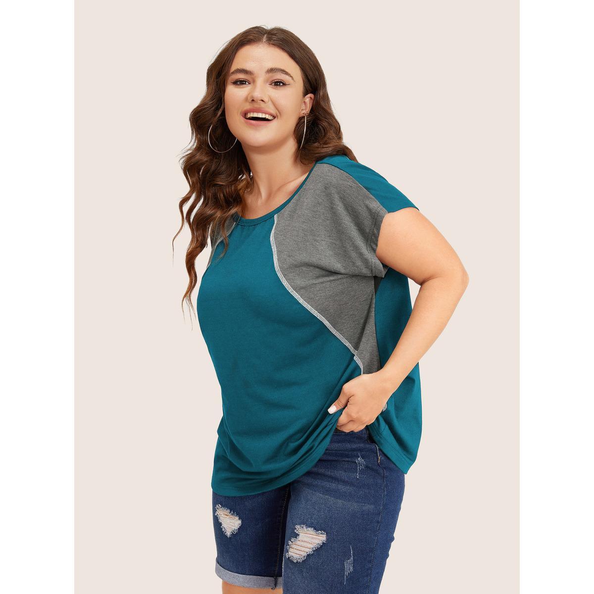 Plus Size Color Block Contrast Binding Batwing Sleeve T-shirt Aegean Women Casual Contrast Colorblock Round Neck Everyday T-shirts BloomChic 22-24/3X Product Image
