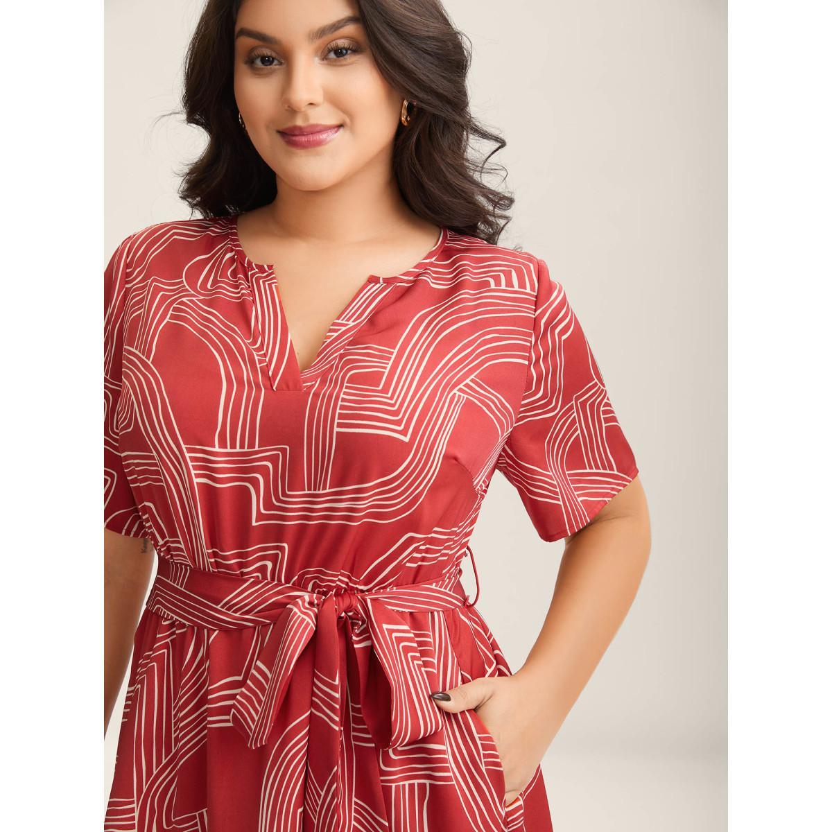 Plus Size Geometric Print Belted Pockets Midi Dress Maroon Women Notched collar Short sleeve Curvy BloomChic 12/L Product Image