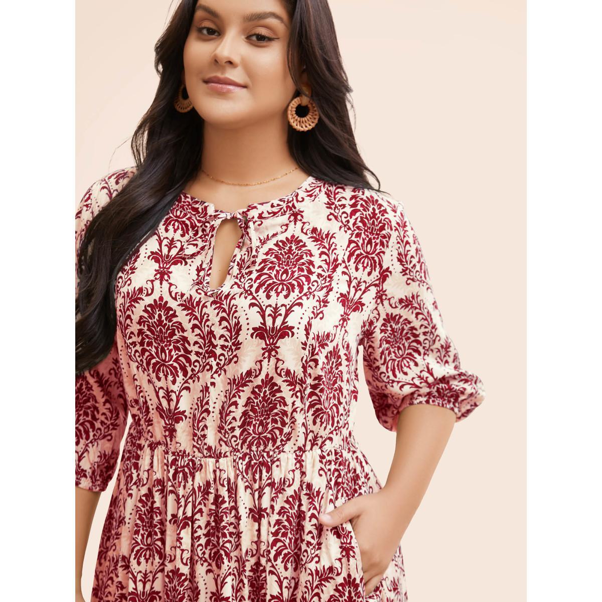 Plus Size Damask Print Tie Knot Puff Sleeve Dress Rust Women Resort Tie knot V-neck Elbow-length sleeve Curvy BloomChic 12/L Product Image