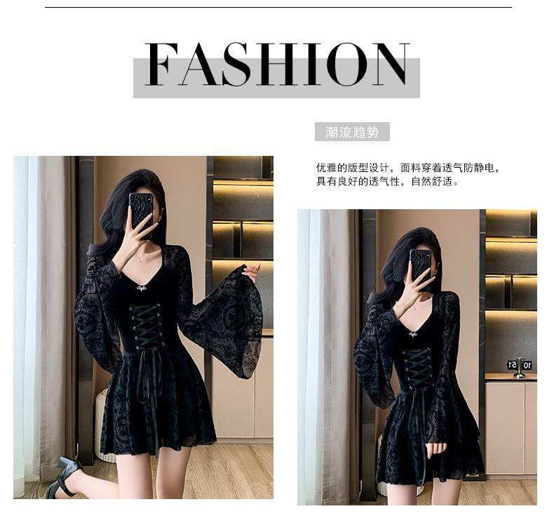 Long Sleeve V-Neck Lace Panel Velvet Mini A-Line Dress Product Image