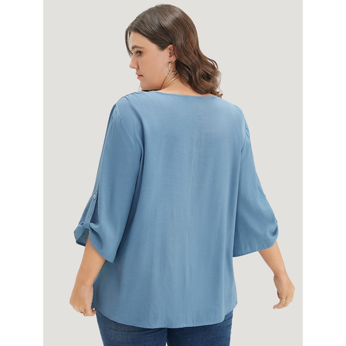 Plus Size Stone Solid Zipper Half Gathered Cuffed Sleeve Blouse Women Office Elbow-length sleeve V-neck Work Blouses BloomChic 30/6X Product Image