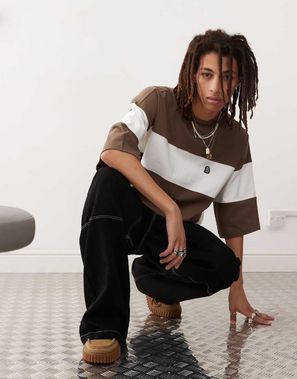 Dr Denim Curtis oversized fit t-shirt in morel brown stripe Product Image