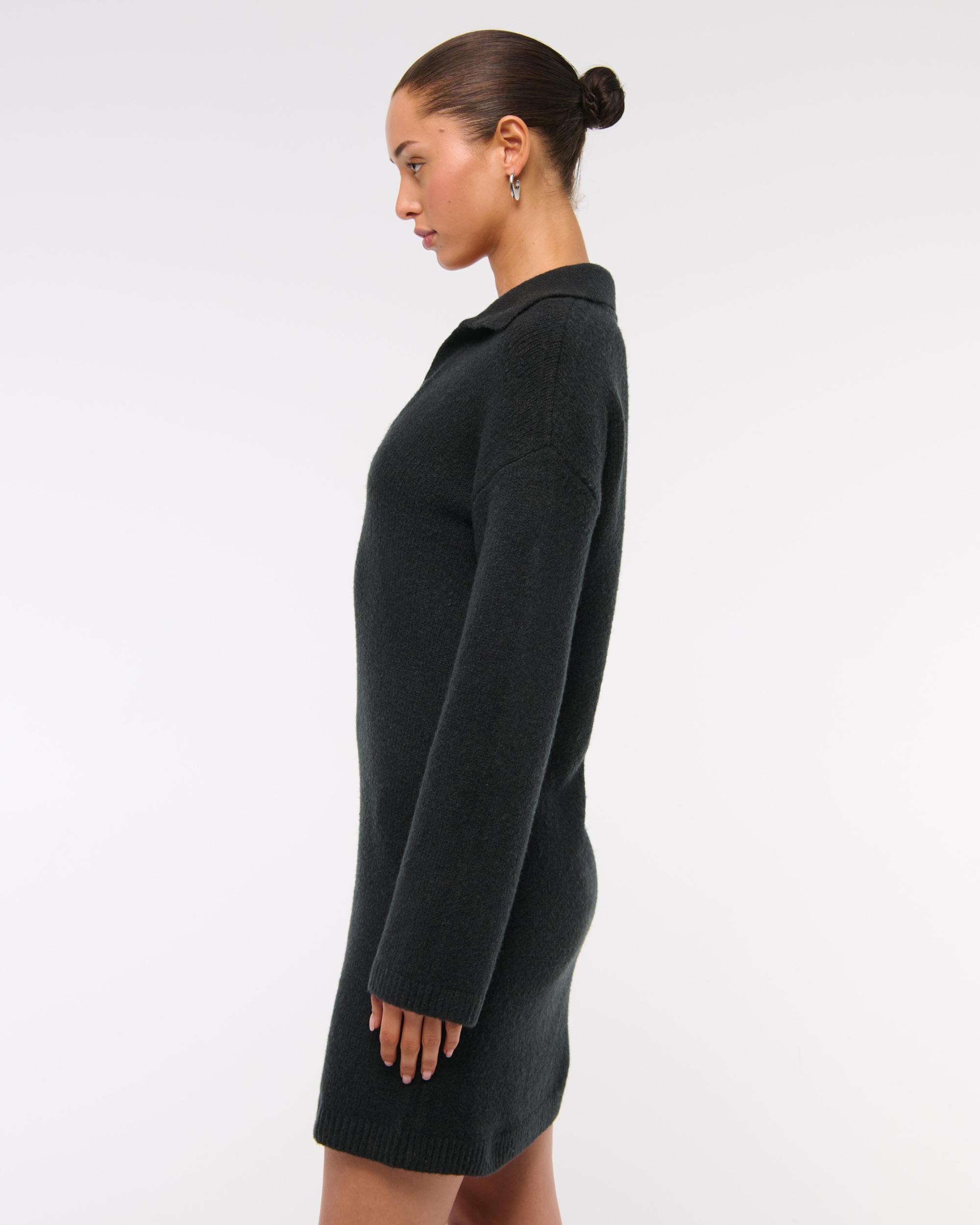 Long-Sleeve Collared Mini Sweater Dress Product Image