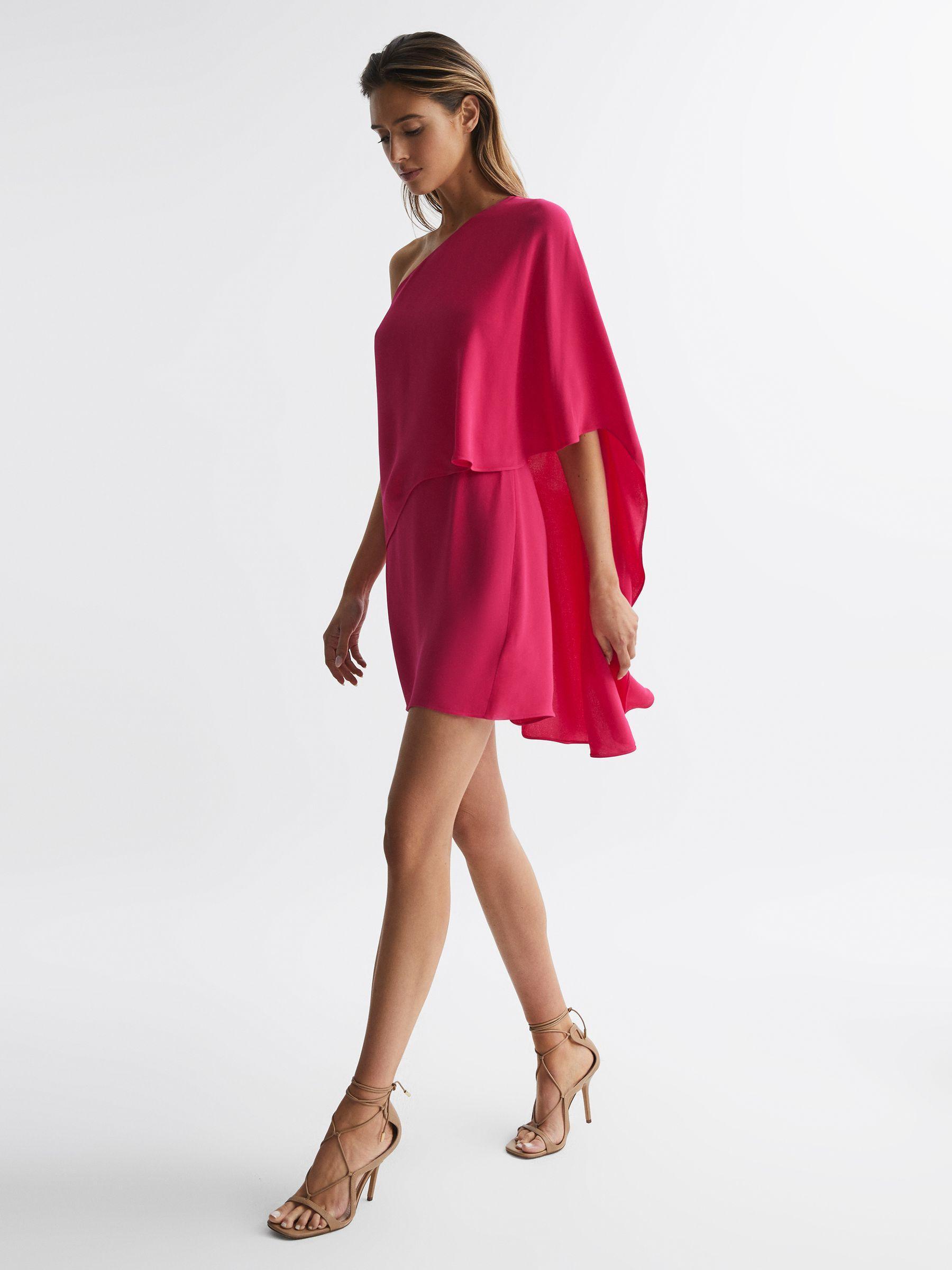 One Shoulder Cape Mini Dress in Bright Pink Product Image