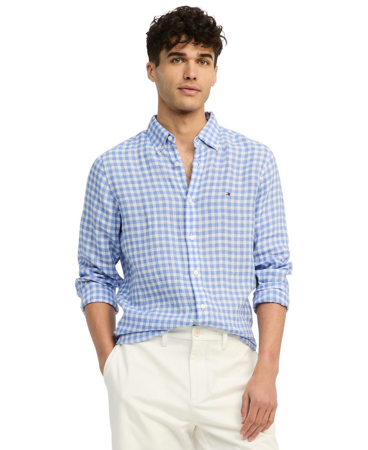 Tommy Hilfiger Mens Slim-Fit Gingham Check Button-Down Linen Shirt - Teaberry Blossom Product Image