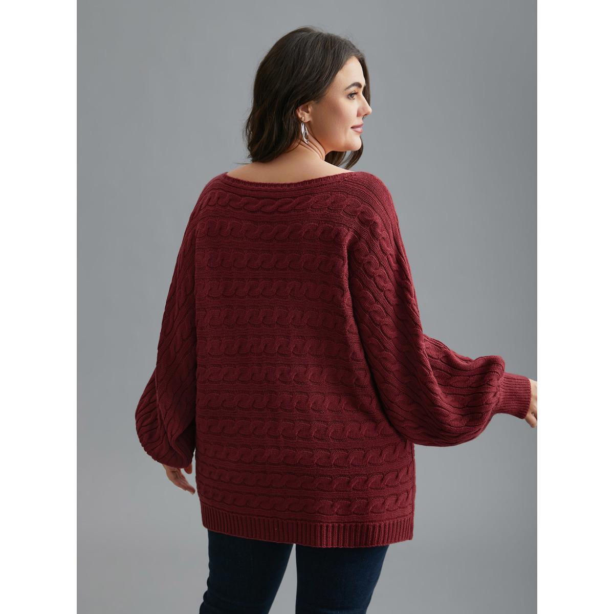 Plus Size Cable Knit Dolman Sleeve Pullover Deepred Women Casual Loose Long Sleeve Boat Neck Everyday Pullovers BloomChic 14-16/1X Product Image