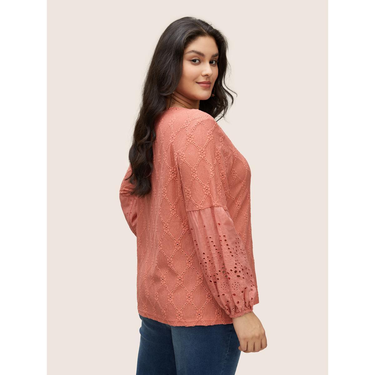 Plus Size Plain Texture Broderie Anglaise Patchwork T-shirt Salmon Women Resort Texture Plain V-neck Vacation T-shirts BloomChic 18-20/2X Product Image