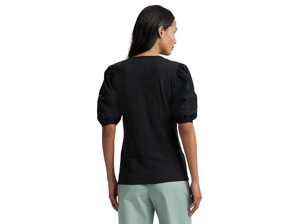 Lauren Ralph Lauren Petite Lace-Trim Jersey Puff-Sleeve Henley Tee Women's Clothing Product Image