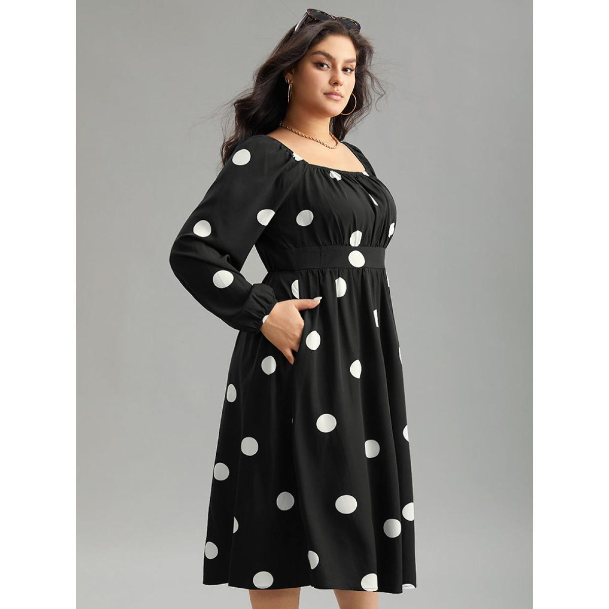 Plus Size Polka Dot Square Neck Gathered Elastic Cuffs Dress Black Women Elegant Elastic cuffs Square Neck Long Sleeve Curvy Midi Dress BloomChic 12/L Product Image
