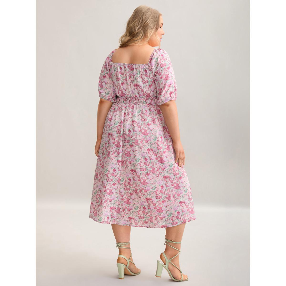 Plus Size Floral Print Shirred Waist Pockets Midi Dress Blush Women Elegant Tie knot Square Neck Half Sleeve Curvy BloomChic 30/6X Product Image
