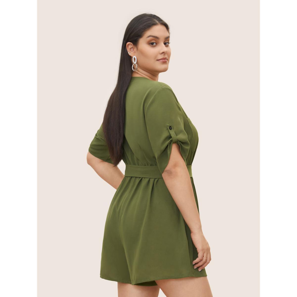 Plus Size Moss Solid Half Zip Belted Tab Sleeve Jumpsuit Women At the Office Half Sleeve Flat collar with V-notch Work Loose Jumpsuits BloomChic 18-20/2X Product Image