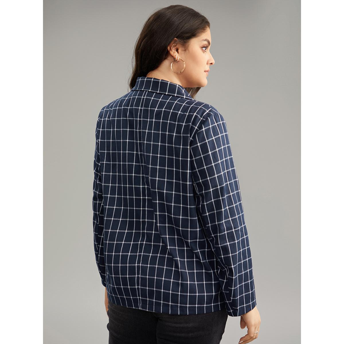 Plus Size Plaid Flap Detail Suit Collar Button Up Blazer DarkBlue Women Dailywear Plaid Contrast Sleeve Long Sleeve Suit Collar 28/5X Pocket Casual Blazers BloomChic Product Image