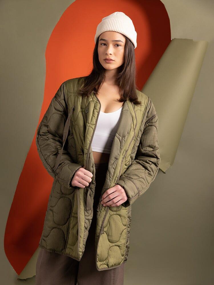 WOMEN'S MIXED MEDIA QUILTED LONG LINER - OG-107 GREEN - OG-107 GREEN / M Product Image