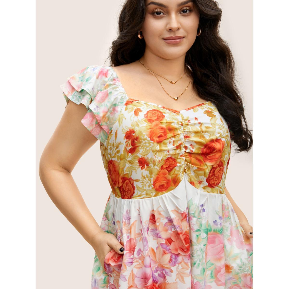 Plus Size Patchwork Floral Tiered Ruffle Sleeve Dress Multicolor Women Elegant Gathered Heart neckline Cap Sleeve Curvy BloomChic 26/4X Product Image