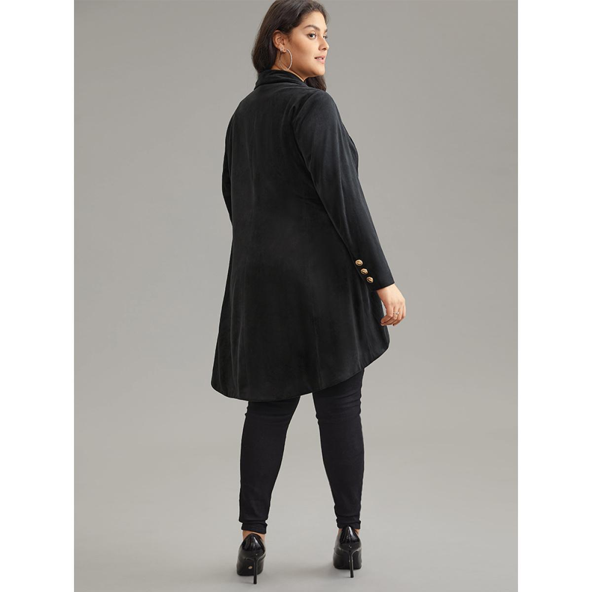 Plus Size Plain Velvet Metal Detail High Low Hem Coat Women Black At the Office Lined Ladies Work Winter Coats BloomChic 14-16/1X Product Image