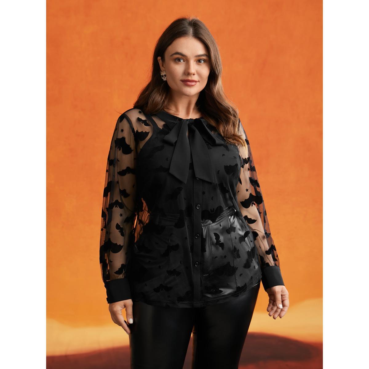Plus Size Black Bats & Bows Ribbon Collar Blouse Women Elegant Long Sleeve Ribbon-tied collar Everyday Blouses BloomChic 22-24/3X Product Image