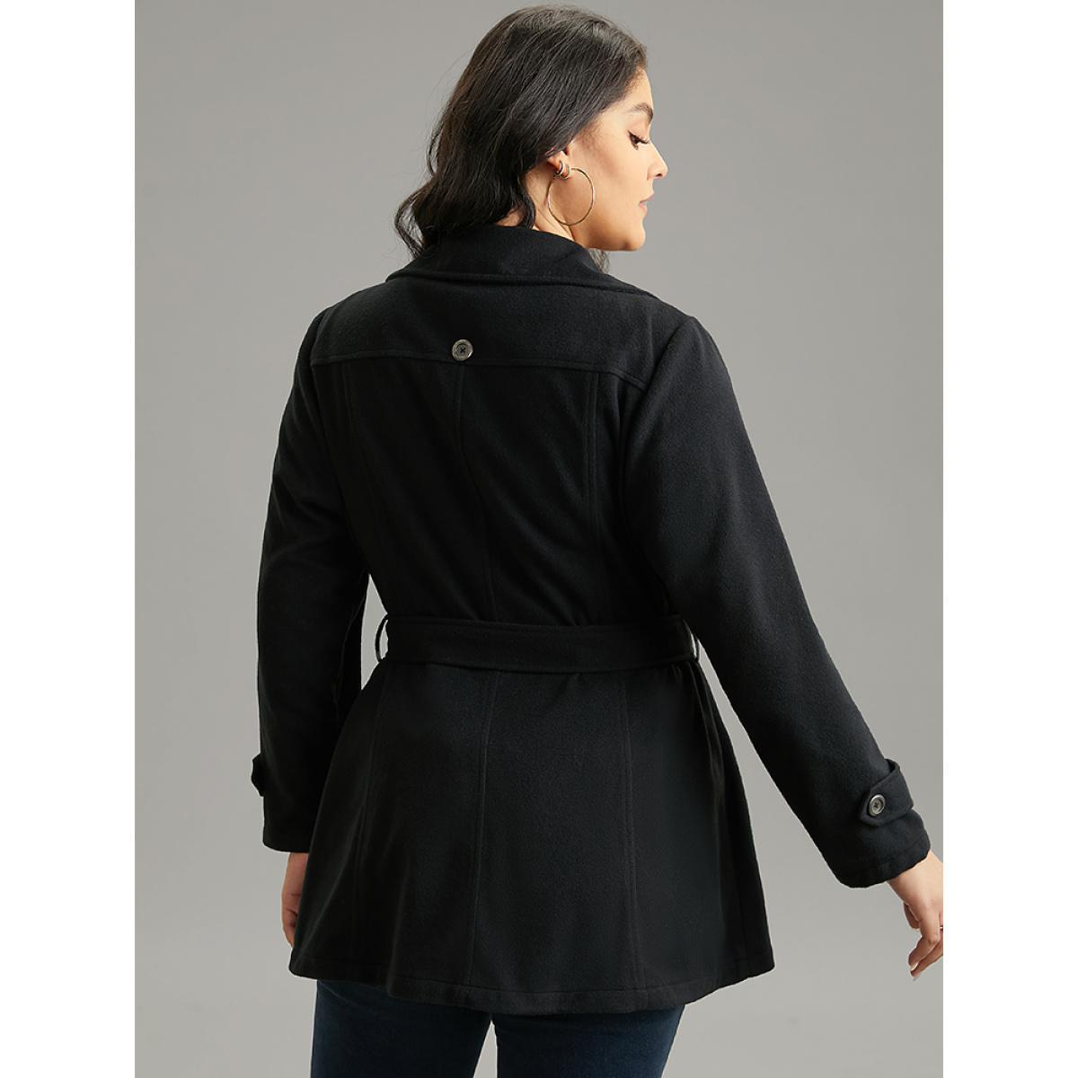 Plus Size PU Leather Patchwork Lapel Collar Double Breasted Belted Coat Women Black Casual Belted Ladies Dailywear Winter Coats BloomChic 28/5X Product Image