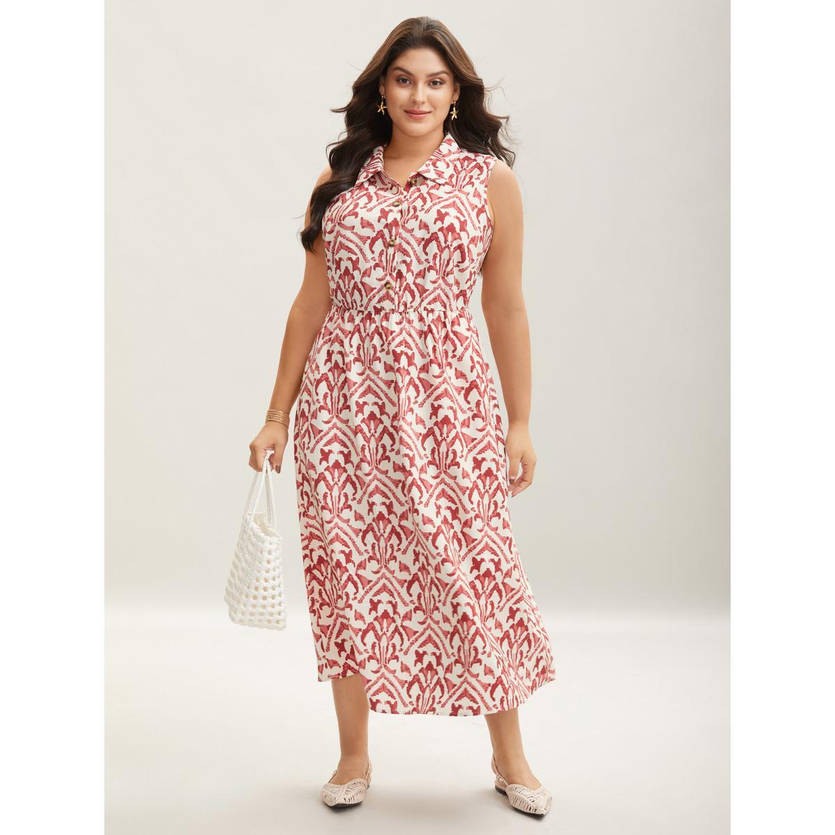 Plus Size Spring Abstract Print Shirt Collar Midi Dress Russet Women Shirt collar Sleeveless Curvy BloomChic 30/6X Product Image