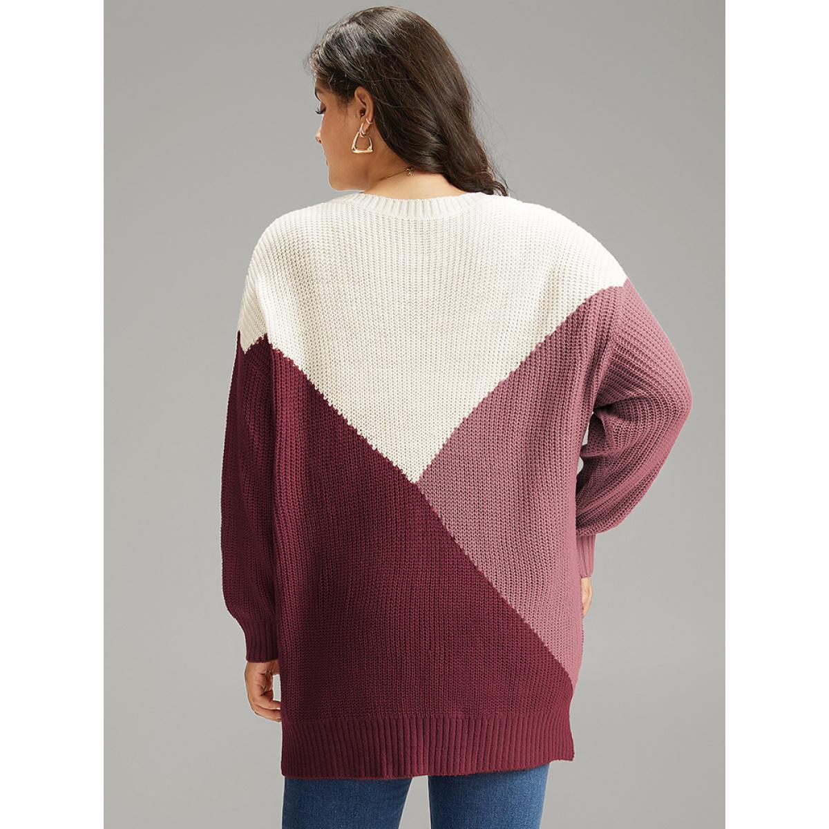 Plus Size Colorblock Split Side Drop Shoulder Pullover Scarlet Women Casual Loose Long Sleeve Round Neck Dailywear Pullovers BloomChic 22-24/3X Product Image