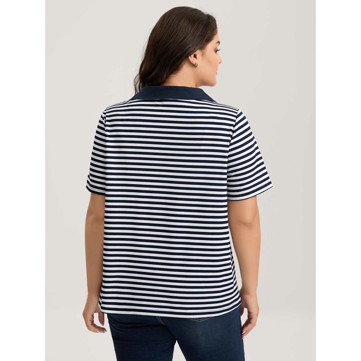 Plus Size Polo Collar Stripes Contrast T-Shirt Indigo Women Contrast Polo Everyday-Casual T-shirts BloomChic 18-20/2X Product Image