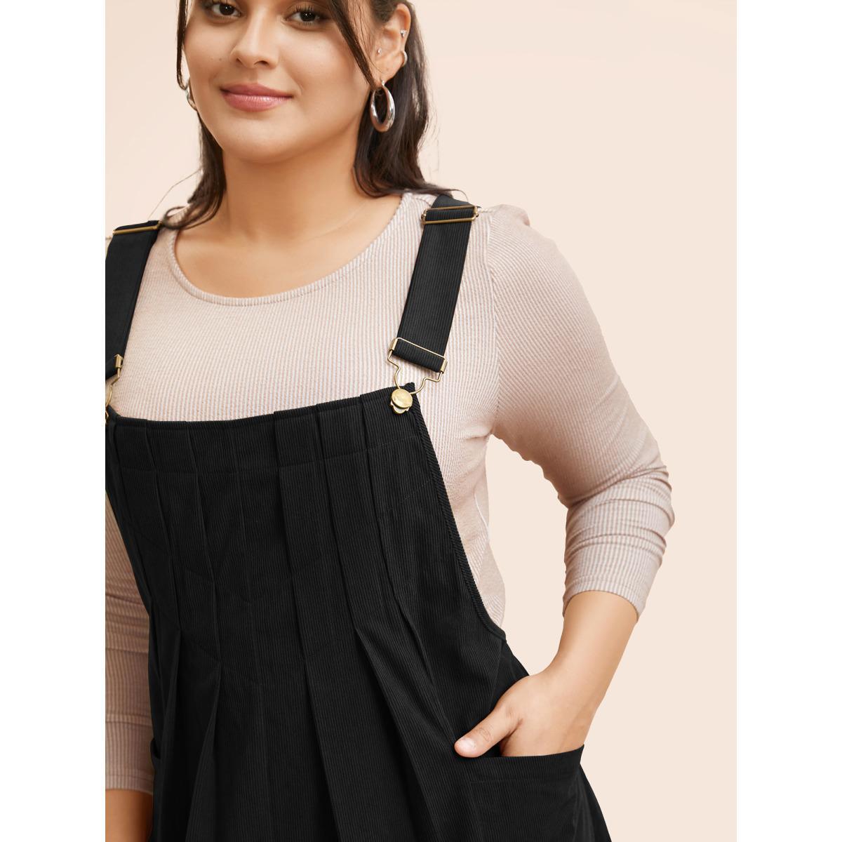 Plus Size Solid Corduroy Pleated Overall Dress Black Women Casual Texture Non Sleeveless Curvy BloomChic 30/6X Product Image