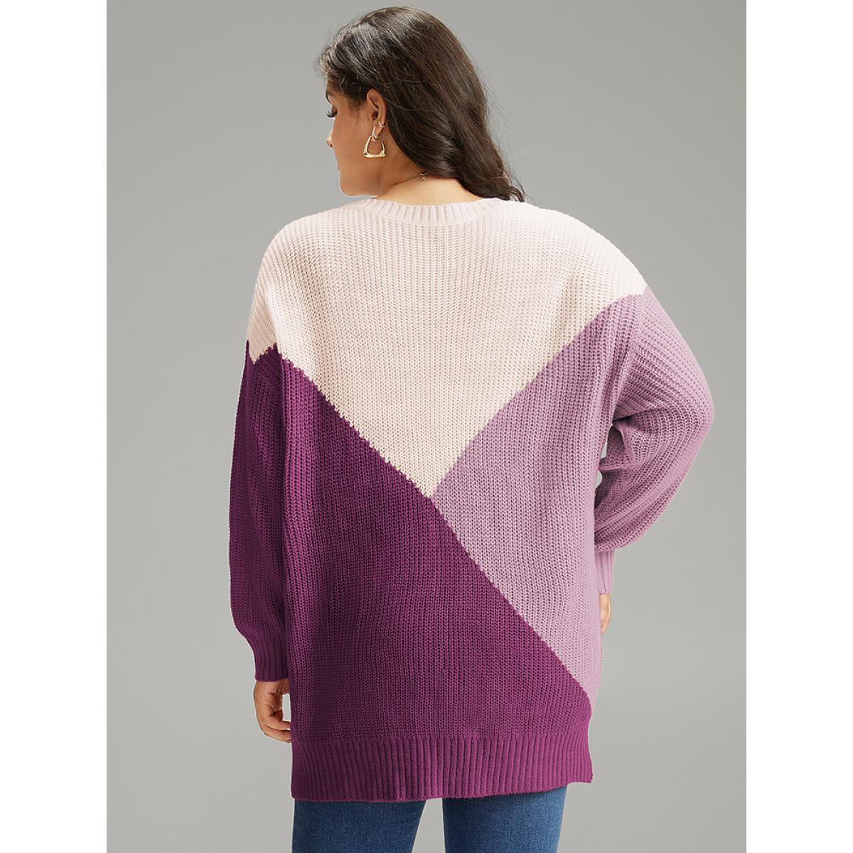Plus Size Colorblock Split Side Drop Shoulder Pullover RedViolet Women Casual Loose Long Sleeve Round Neck Dailywear Pullovers BloomChic 30/6X Product Image