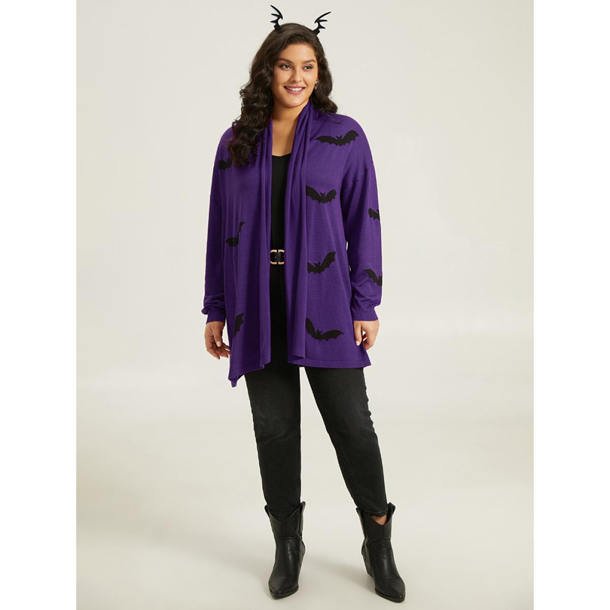 Plus Size Supersoft Essentials Halloween Bat Pattern Lapel Collar Cardigan Blackcurrant Women Casual Loose Long Sleeve Festival-Halloween Cardigans BloomChic 26/4X Product Image
