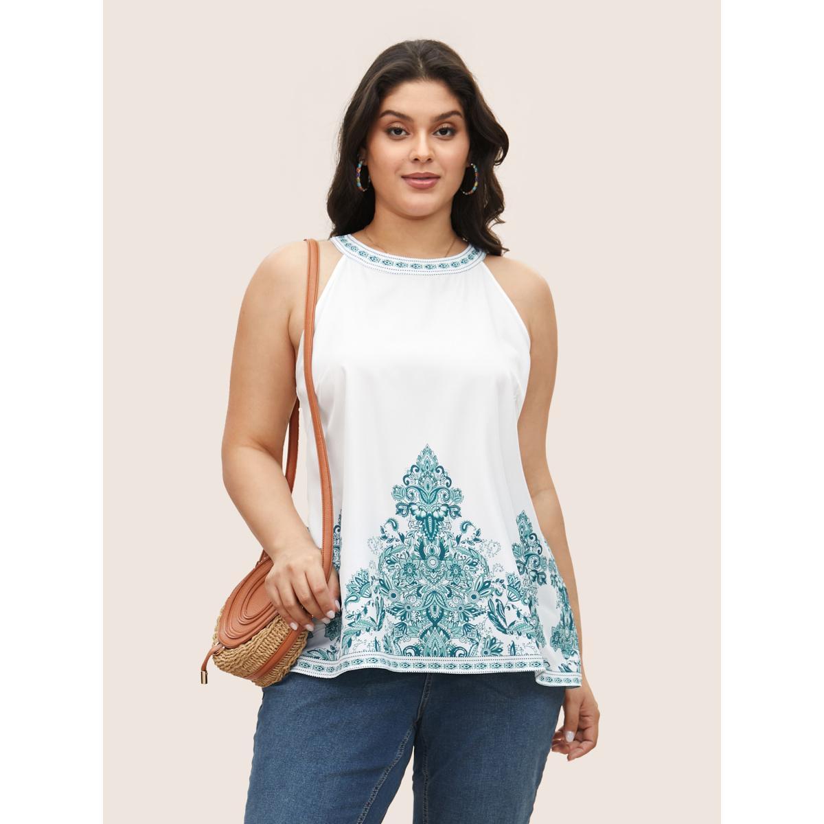 Plus Size Boho Print Round Neck Cut Out Tank Top Women White Resort Button Round Neck Vacation Tank Tops Camis BloomChic 18-20/2X Product Image