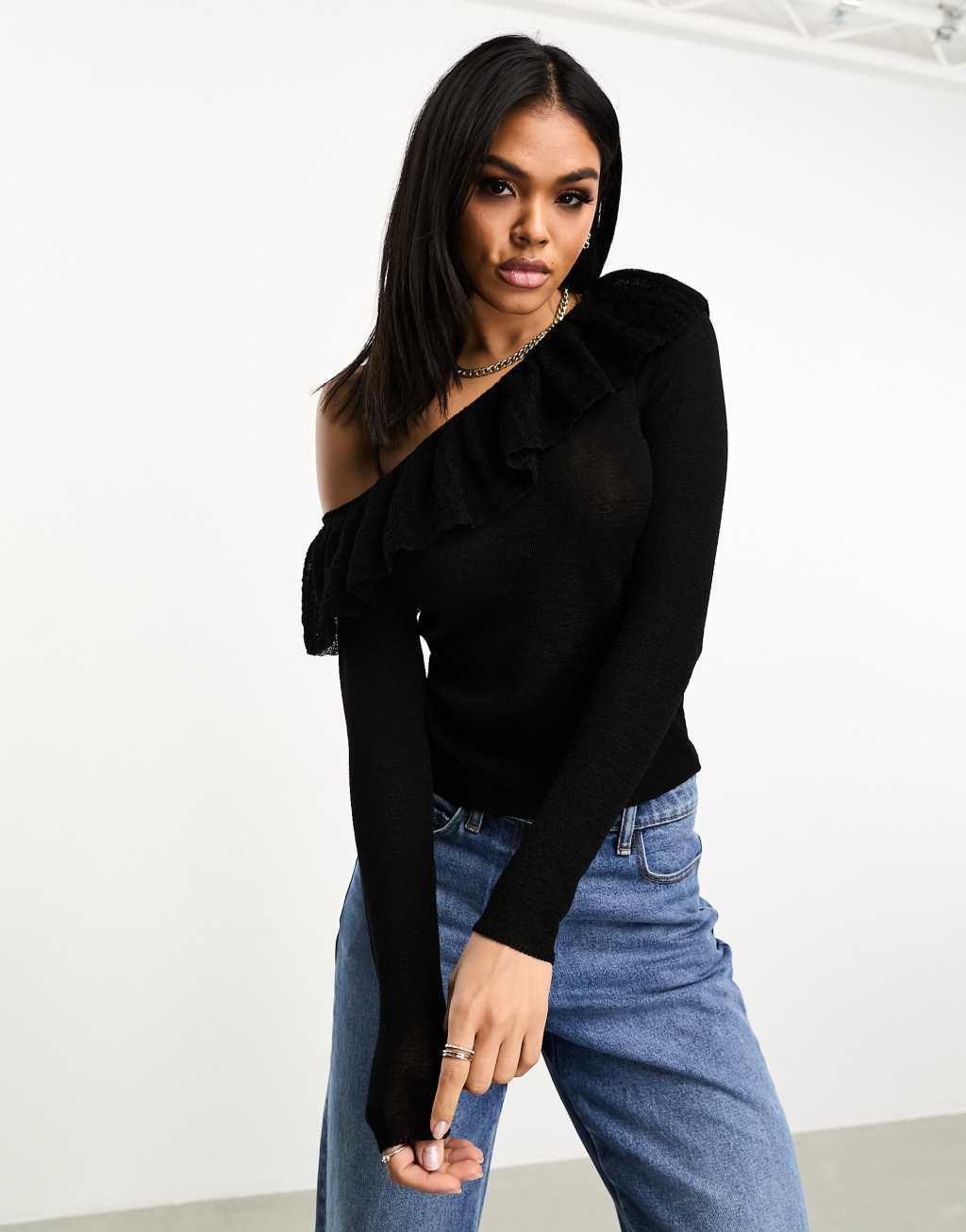 ASOS DESIGN knit sweater with asymmetric frill detail Product Image