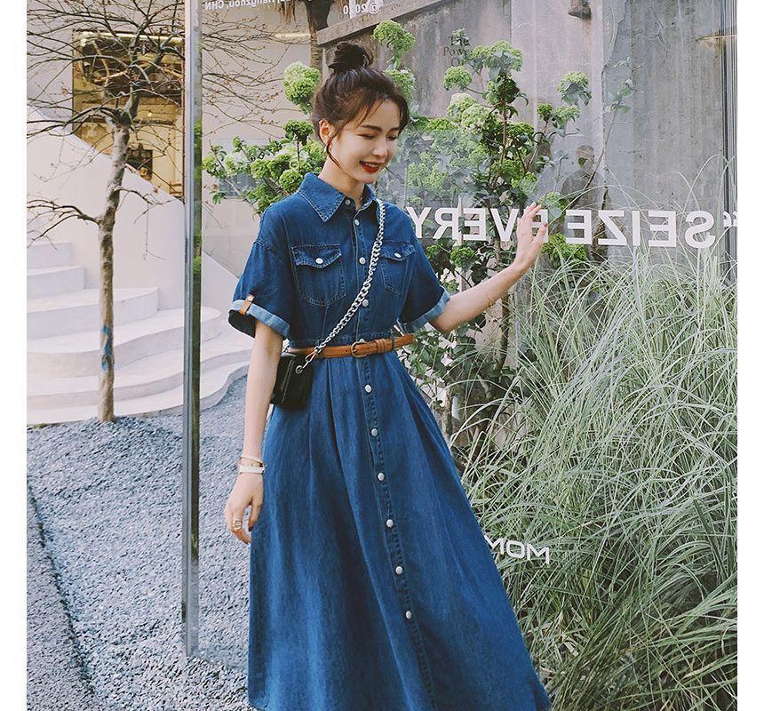 Short-Sleeve Pocket Detail Denim Midi A-Line Shirt Dress Product Image
