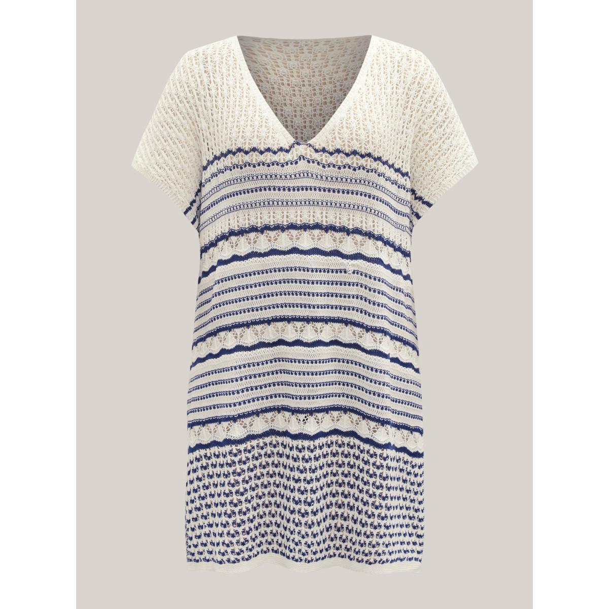 Plus Size Stripes Crochet V-Neck Swim Cover-Up Women's Swimwear Indigo Beach Loose Texture Curve Swim Cover Ups BloomChic 30/6X Product Image