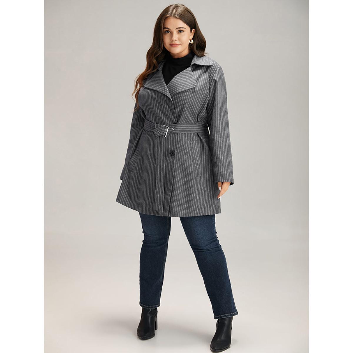 Plus Size Striped Belted Lapel Collar Tunic Coat Women DimGray Casual Belted Ladies Dailywear Winter Coats BloomChic 18-20/2X Product Image