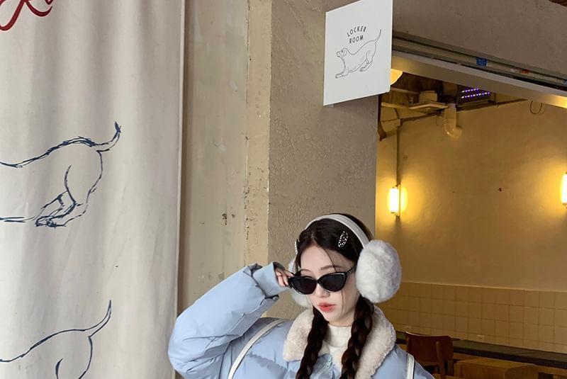 Fluffy Collar Zip-Up Crop Puffer Jacket / Drawstring Waist Lettering Embroidered Wide Leg Cargo Pants Product Image
